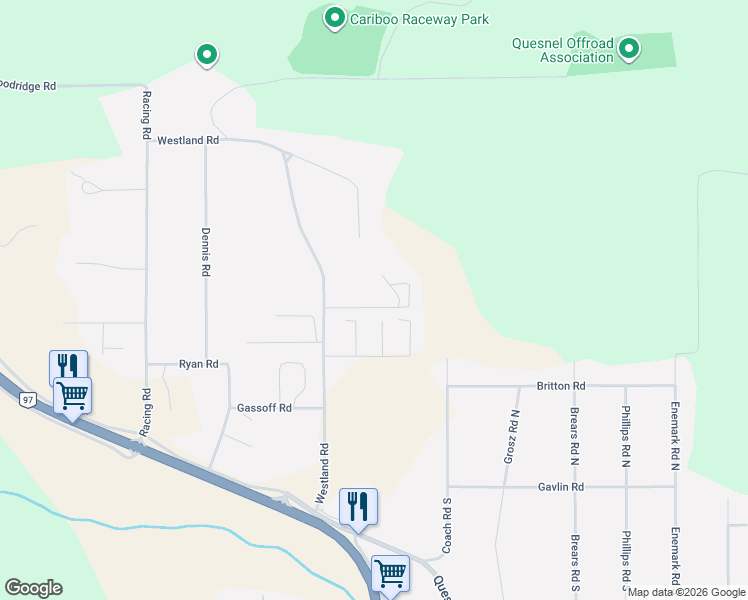 map of restaurants, bars, coffee shops, grocery stores, and more near 370 Westland Road in Quesnel