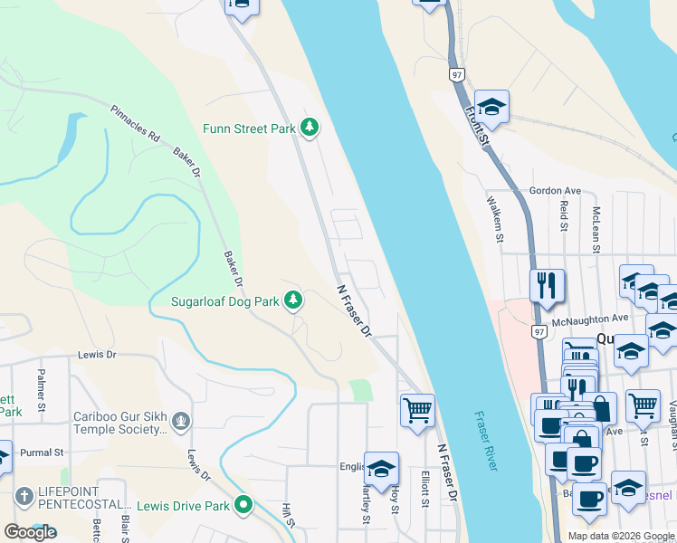 map of restaurants, bars, coffee shops, grocery stores, and more near 654 North Fraser Drive in Quesnel