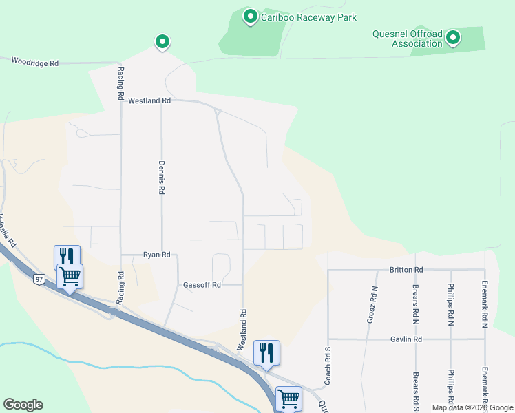 map of restaurants, bars, coffee shops, grocery stores, and more near 380 Westland Road in Quesnel