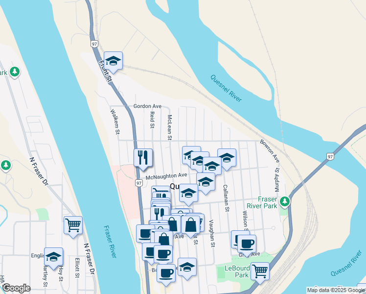 map of restaurants, bars, coffee shops, grocery stores, and more near 687 Kinchant Street in Quesnel