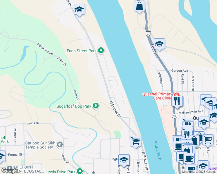 map of restaurants, bars, coffee shops, grocery stores, and more near 684 North Fraser Drive in Quesnel