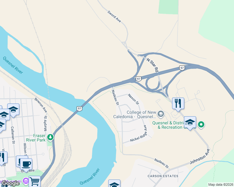 map of restaurants, bars, coffee shops, grocery stores, and more near 700 Nadeau Street in Quesnel