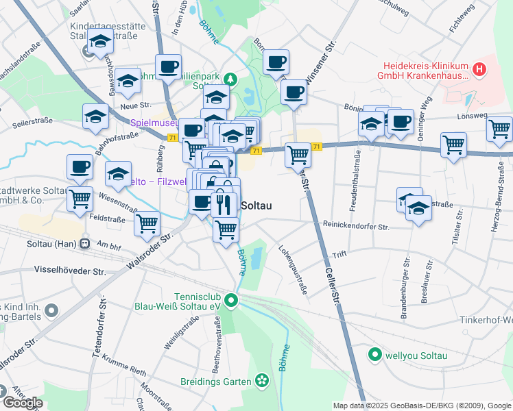 map of restaurants, bars, coffee shops, grocery stores, and more near in Soltau