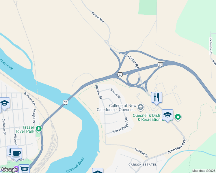 map of restaurants, bars, coffee shops, grocery stores, and more near 1341 Nason Street in Quesnel