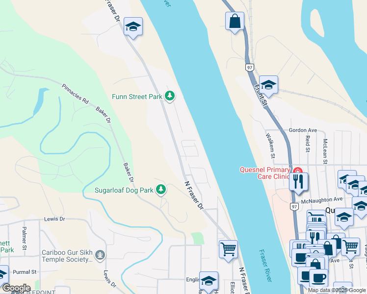 map of restaurants, bars, coffee shops, grocery stores, and more near 654 North Fraser Drive in Quesnel