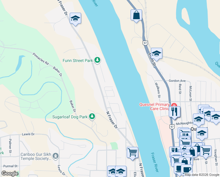 map of restaurants, bars, coffee shops, grocery stores, and more near 684 North Fraser Drive in Quesnel