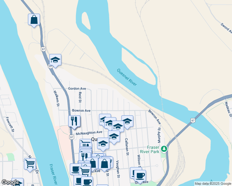 map of restaurants, bars, coffee shops, grocery stores, and more near 796 Vaughan Street in Quesnel