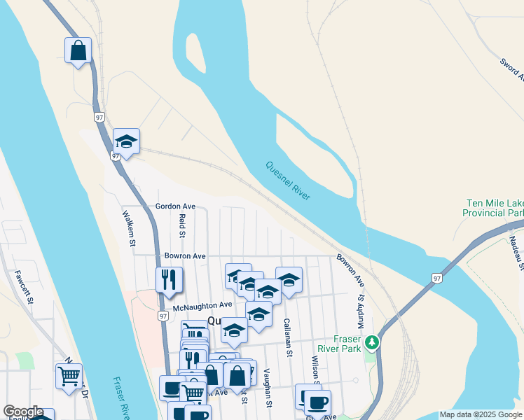 map of restaurants, bars, coffee shops, grocery stores, and more near 796 Vaughan Street in Quesnel