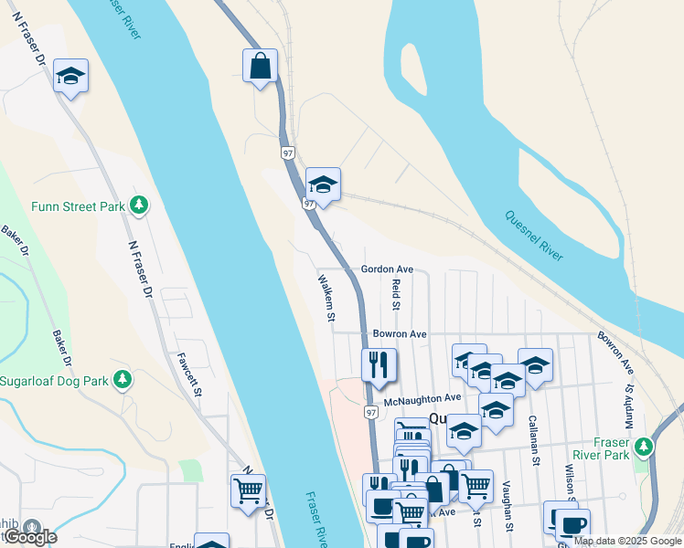 map of restaurants, bars, coffee shops, grocery stores, and more near 88 Gordon Avenue in Quesnel
