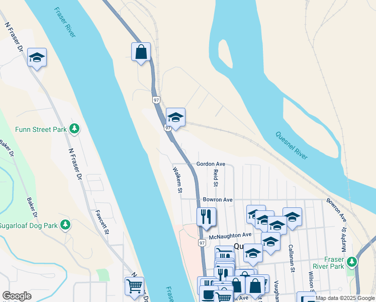 map of restaurants, bars, coffee shops, grocery stores, and more near 88 Gordon Avenue in Quesnel