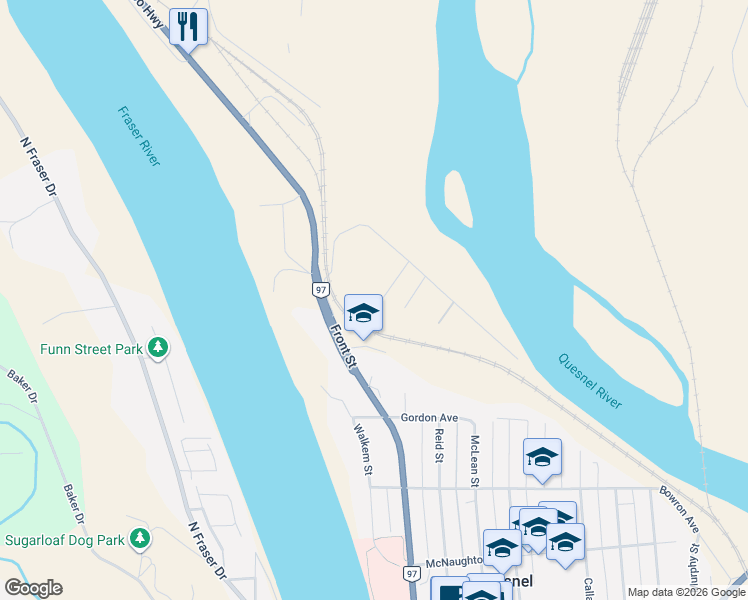 map of restaurants, bars, coffee shops, grocery stores, and more near 1017 Hazel Road in Quesnel