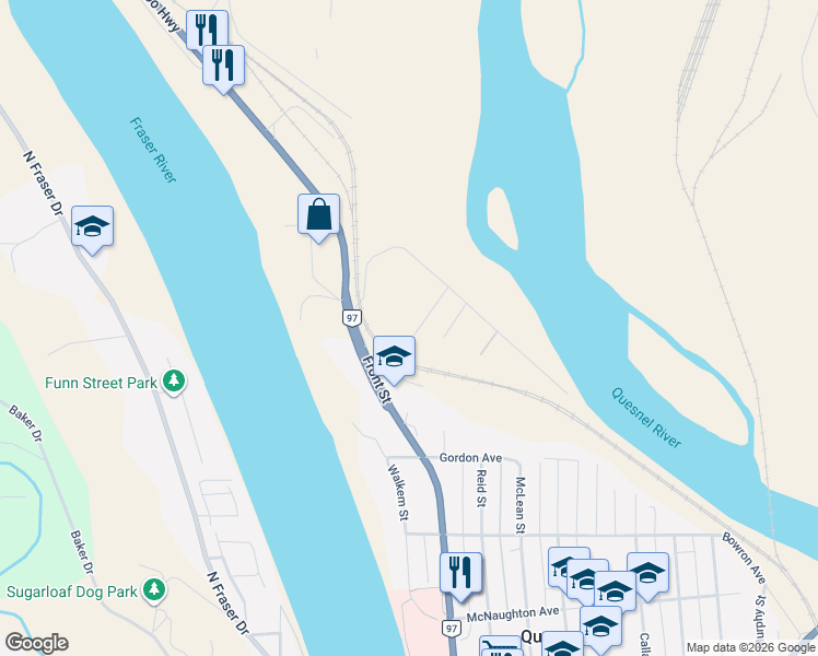 map of restaurants, bars, coffee shops, grocery stores, and more near 1017 Hazel Road in Quesnel