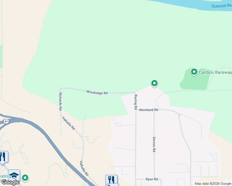 map of restaurants, bars, coffee shops, grocery stores, and more near Woodridge Road in Quesnel