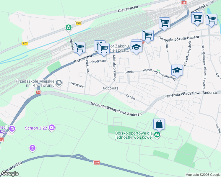 map of restaurants, bars, coffee shops, grocery stores, and more near in Toruń