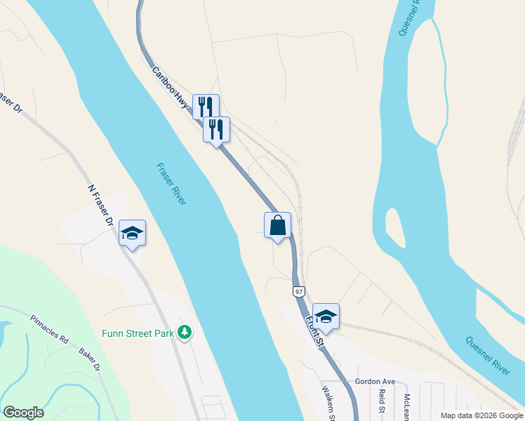 map of restaurants, bars, coffee shops, grocery stores, and more near 1195 Cariboo Highway in Quesnel