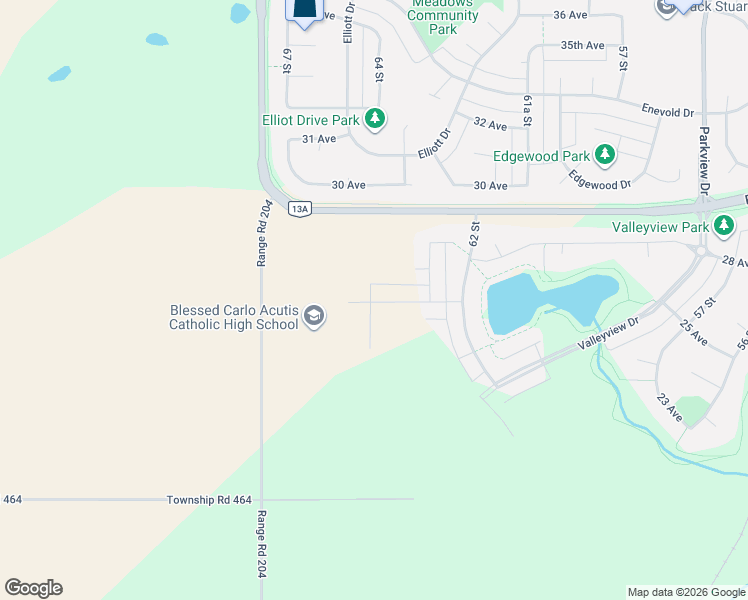 map of restaurants, bars, coffee shops, grocery stores, and more near Range Road 204 in Camrose