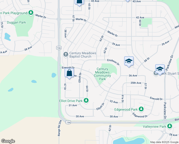 map of restaurants, bars, coffee shops, grocery stores, and more near 6321 Enevold Drive in Camrose