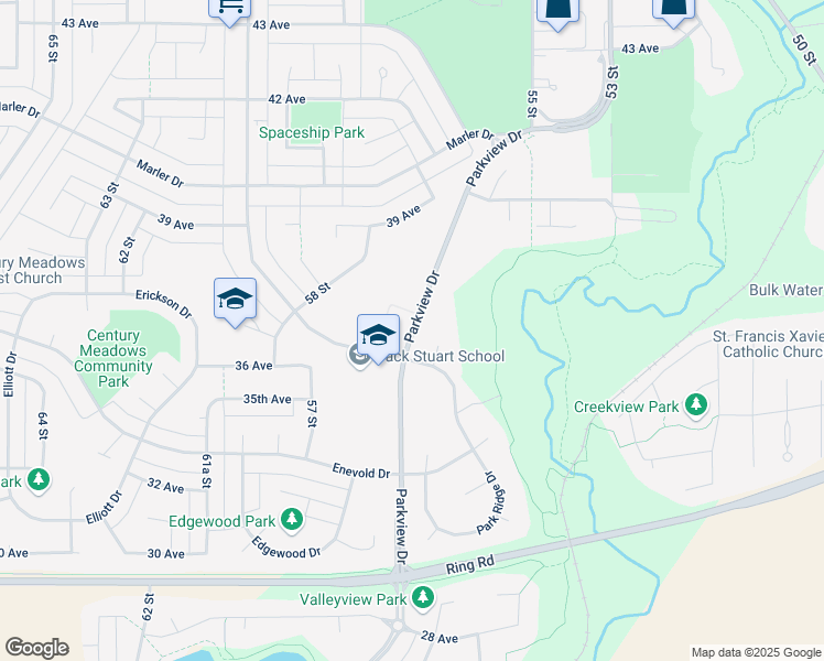 map of restaurants, bars, coffee shops, grocery stores, and more near Parkview Drive in Camrose