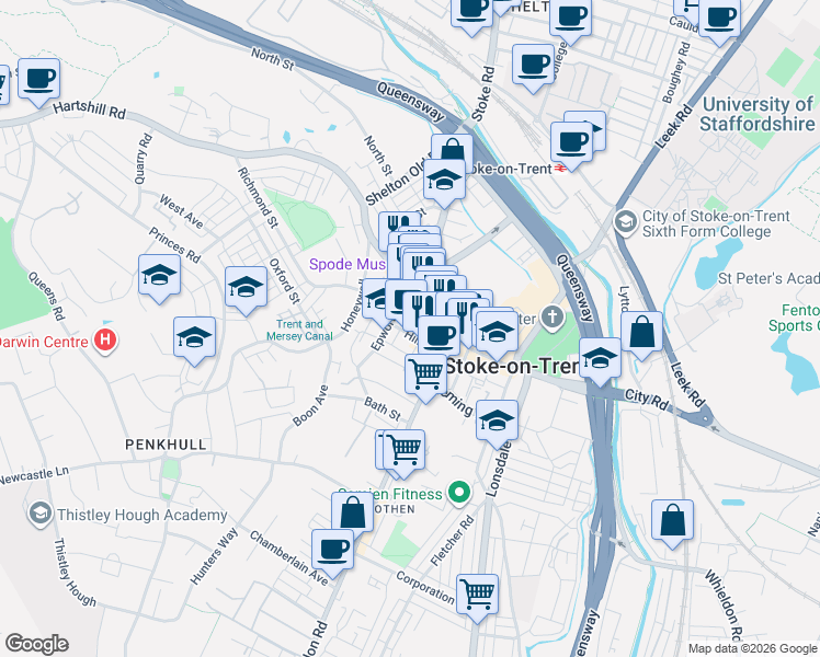 map of restaurants, bars, coffee shops, grocery stores, and more near Hill Street in Stoke-on-Trent