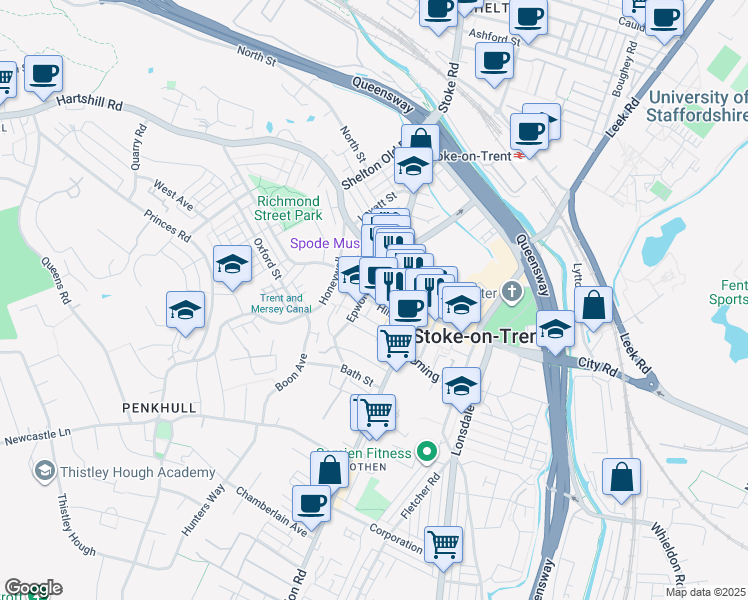map of restaurants, bars, coffee shops, grocery stores, and more near 17 Hill Street in Stoke-on-Trent