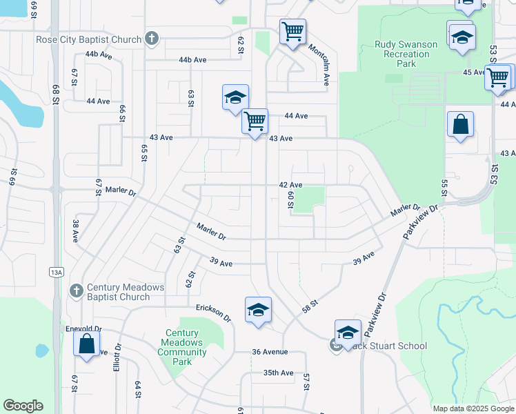 map of restaurants, bars, coffee shops, grocery stores, and more near 4105 62 Street in Camrose
