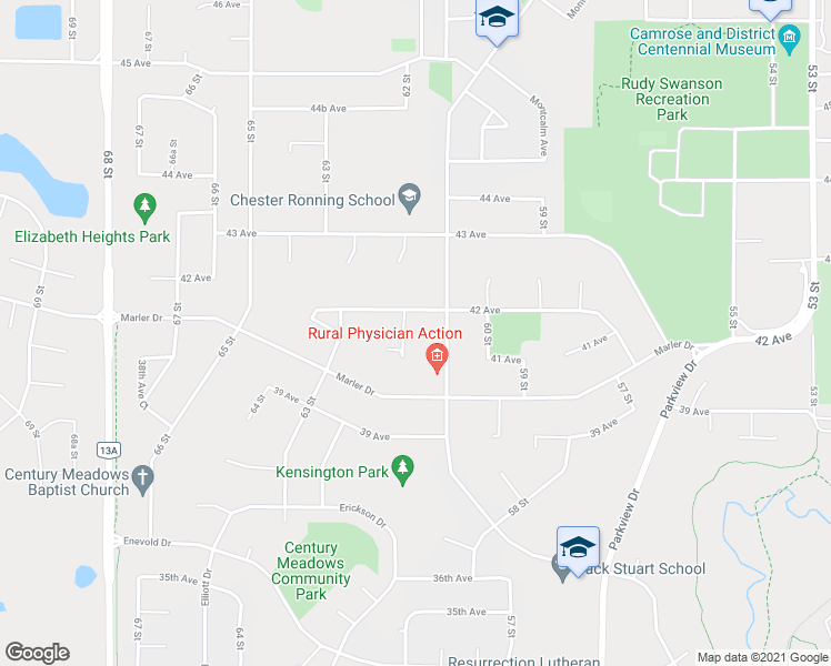map of restaurants, bars, coffee shops, grocery stores, and more near 4105 62 Street in Camrose