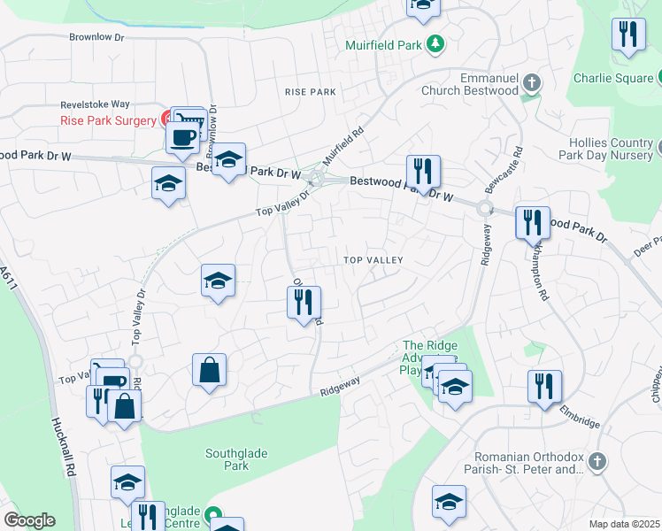 map of restaurants, bars, coffee shops, grocery stores, and more near Birkdale Way in Nottingham
