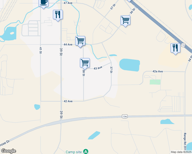 map of restaurants, bars, coffee shops, grocery stores, and more near 3755 43 Avenue in Camrose