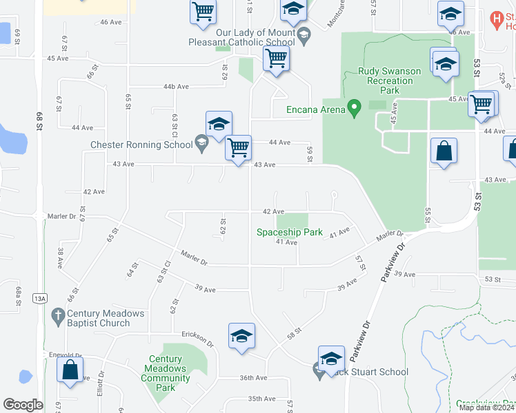 map of restaurants, bars, coffee shops, grocery stores, and more near 113 Mount Pleasant Drive in Camrose