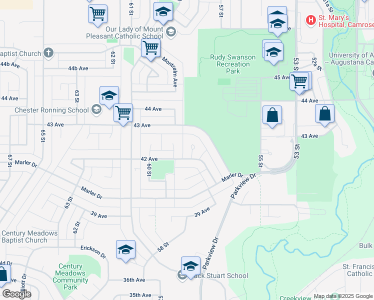 map of restaurants, bars, coffee shops, grocery stores, and more near 4206 58 Street Close in Camrose