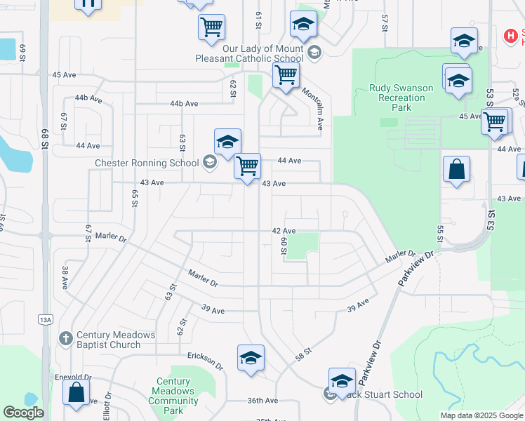 map of restaurants, bars, coffee shops, grocery stores, and more near 113 Mount Pleasant Drive in Camrose