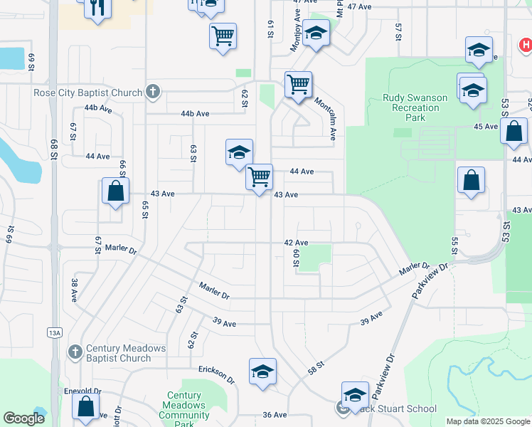 map of restaurants, bars, coffee shops, grocery stores, and more near 108 Mount Pleasant Drive in Camrose