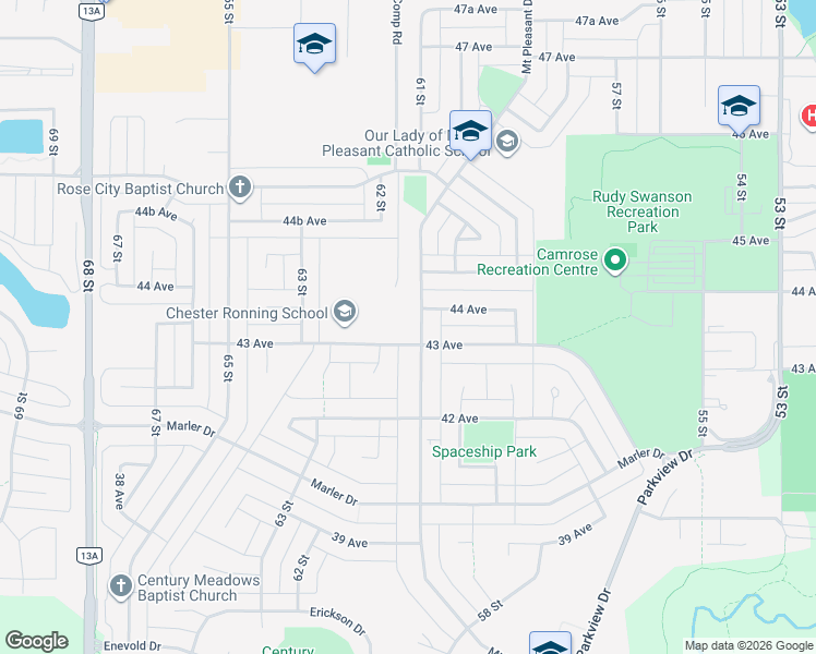map of restaurants, bars, coffee shops, grocery stores, and more near 6206 43 Avenue in Camrose