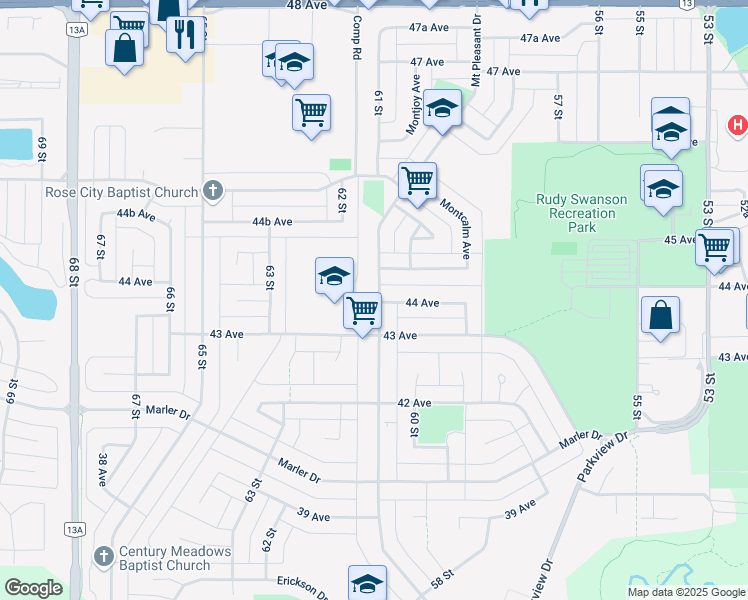 map of restaurants, bars, coffee shops, grocery stores, and more near 97 A Mount Pleasant Drive in Camrose