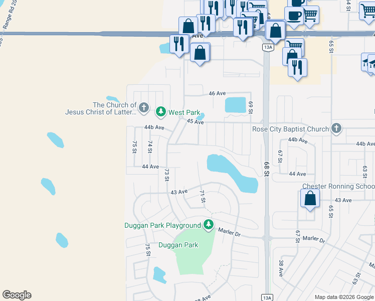 map of restaurants, bars, coffee shops, grocery stores, and more near 4317 71 Street in Camrose
