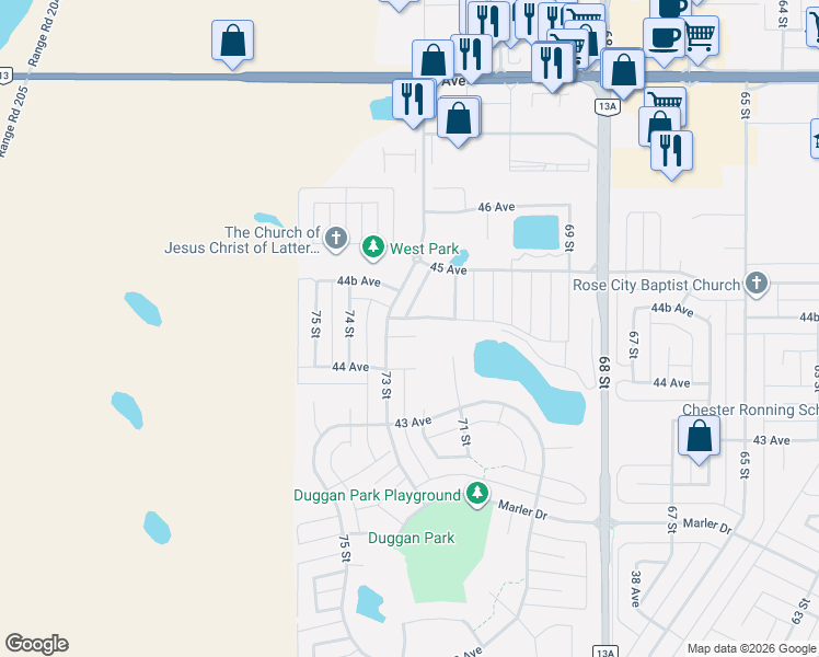 map of restaurants, bars, coffee shops, grocery stores, and more near 7207 44A Avenue Close in Camrose