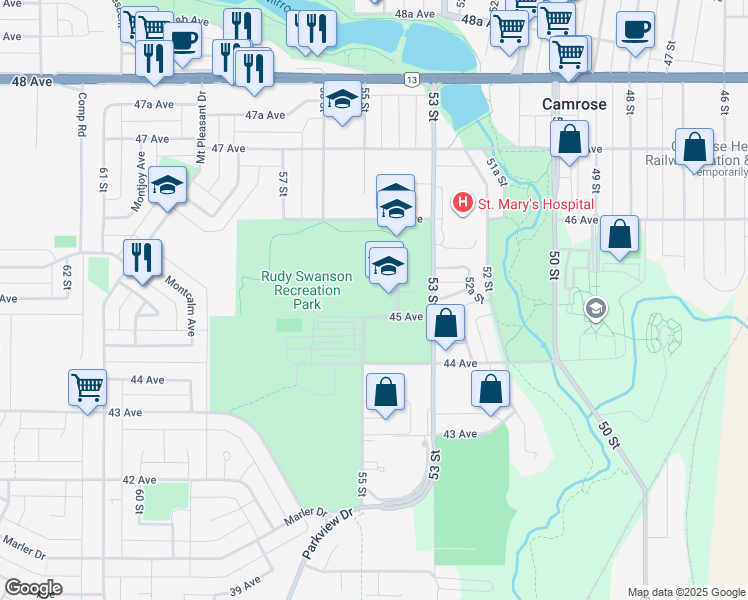 map of restaurants, bars, coffee shops, grocery stores, and more near 4516 54 Street in Camrose