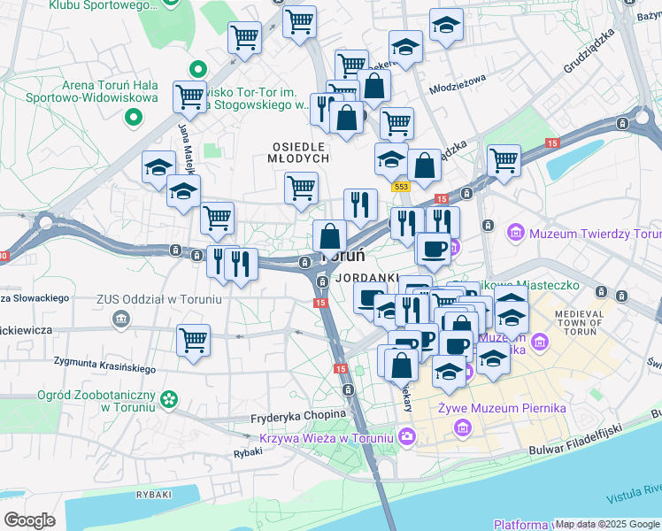 map of restaurants, bars, coffee shops, grocery stores, and more near in Toruń