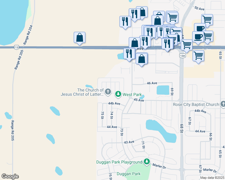 map of restaurants, bars, coffee shops, grocery stores, and more near 4503 74 Street in Camrose