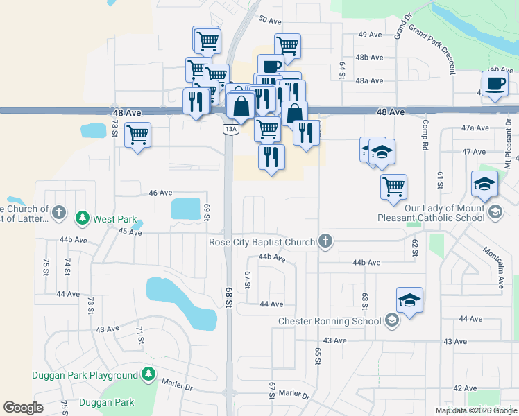 map of restaurants, bars, coffee shops, grocery stores, and more near 4516 67 Street in Camrose