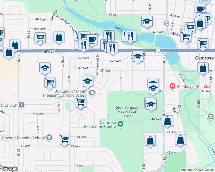 map of restaurants, bars, coffee shops, grocery stores, and more near 11 Montclare Avenue in Camrose