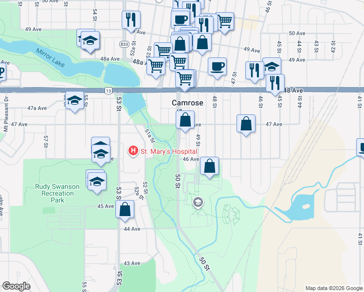 map of restaurants, bars, coffee shops, grocery stores, and more near 4615 50 Street in Camrose