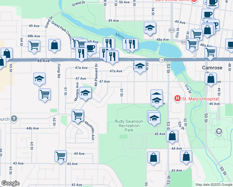 map of restaurants, bars, coffee shops, grocery stores, and more near 11 Montclare Avenue in Camrose