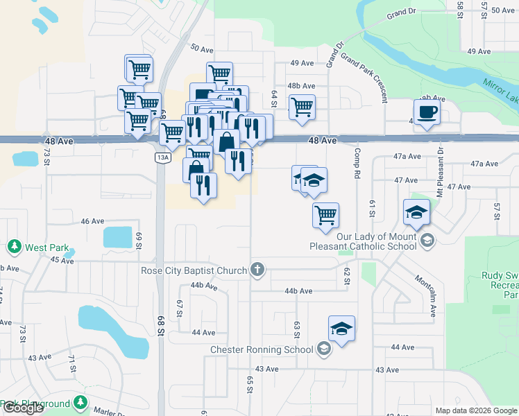 map of restaurants, bars, coffee shops, grocery stores, and more near 4702a 65 Street in Camrose