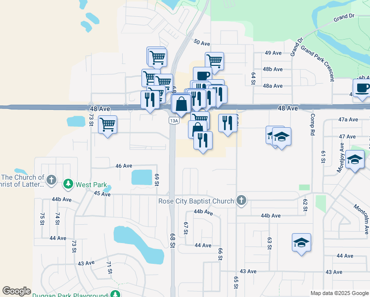 map of restaurants, bars, coffee shops, grocery stores, and more near 6601 48 Avenue in Camrose