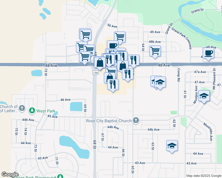 map of restaurants, bars, coffee shops, grocery stores, and more near 6601 48 Avenue in Camrose