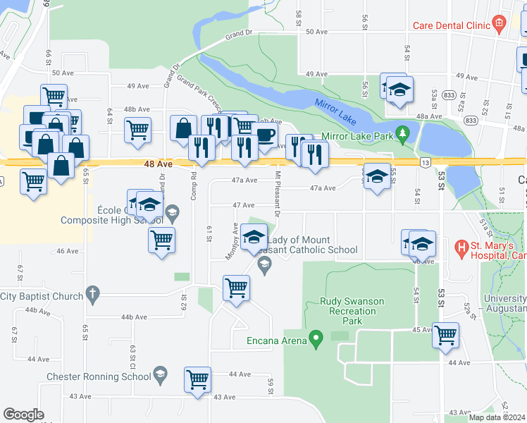 map of restaurants, bars, coffee shops, grocery stores, and more near 5905 47 Avenue in Camrose