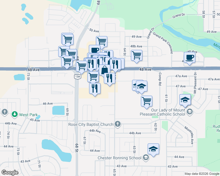 map of restaurants, bars, coffee shops, grocery stores, and more near 4702 65 Street in Camrose