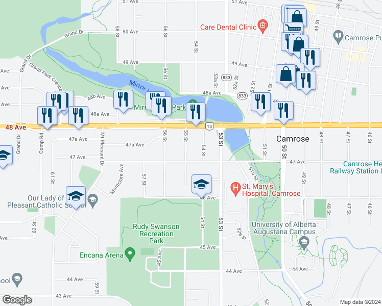 map of restaurants, bars, coffee shops, grocery stores, and more near 4705 55 Street in Camrose