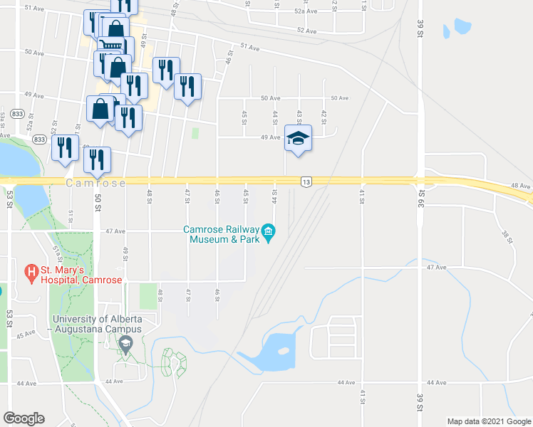 map of restaurants, bars, coffee shops, grocery stores, and more near 4710 44 Street in Camrose